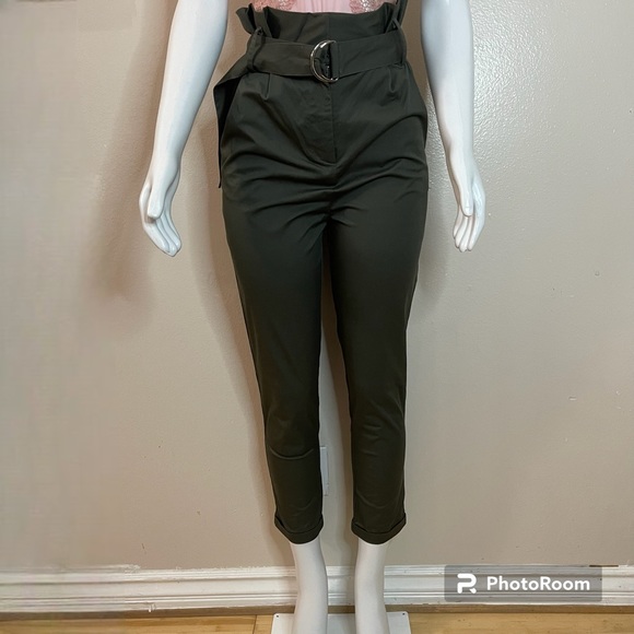 Olive green belted high waisted paper bag pants - Picture 1 of 15